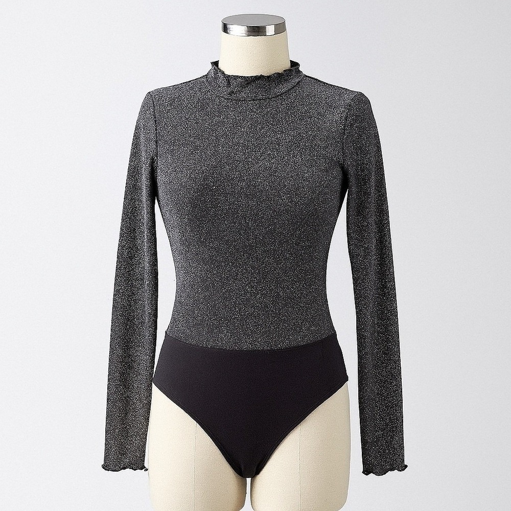 Alter'd State Bodysuit Womens Small Gray Sparkle Mock Neck Long Sleeve Top